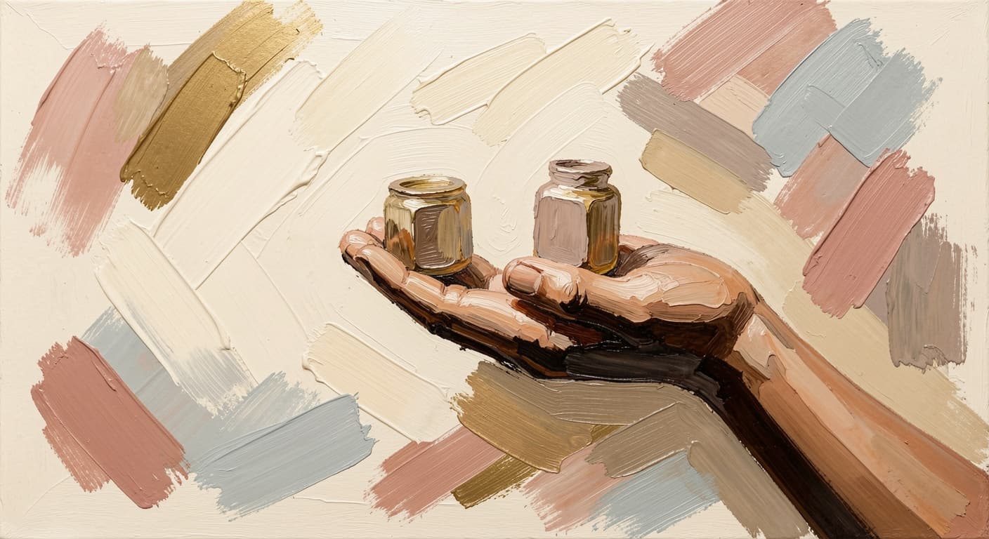 a hand poised between two small objects of similar appearance, calm, no rush. So