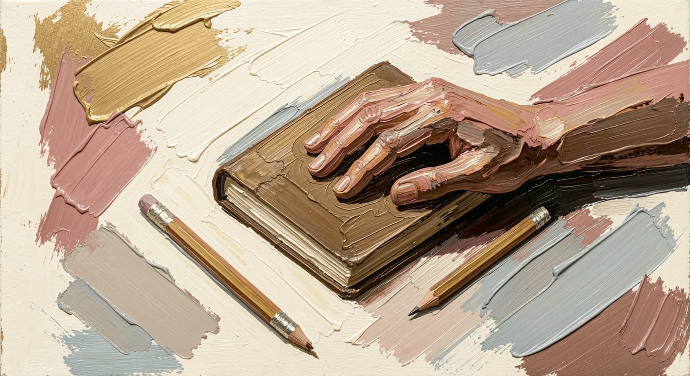 a still hand resting on a closed notebook beside a small unsharpened pencil, sof