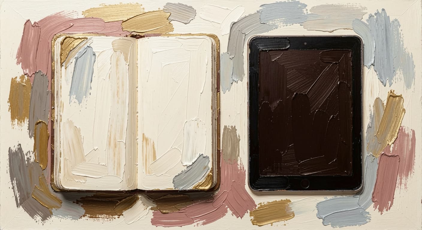 a hand resting evenly between a notebook and a tablet, neither closer than the o