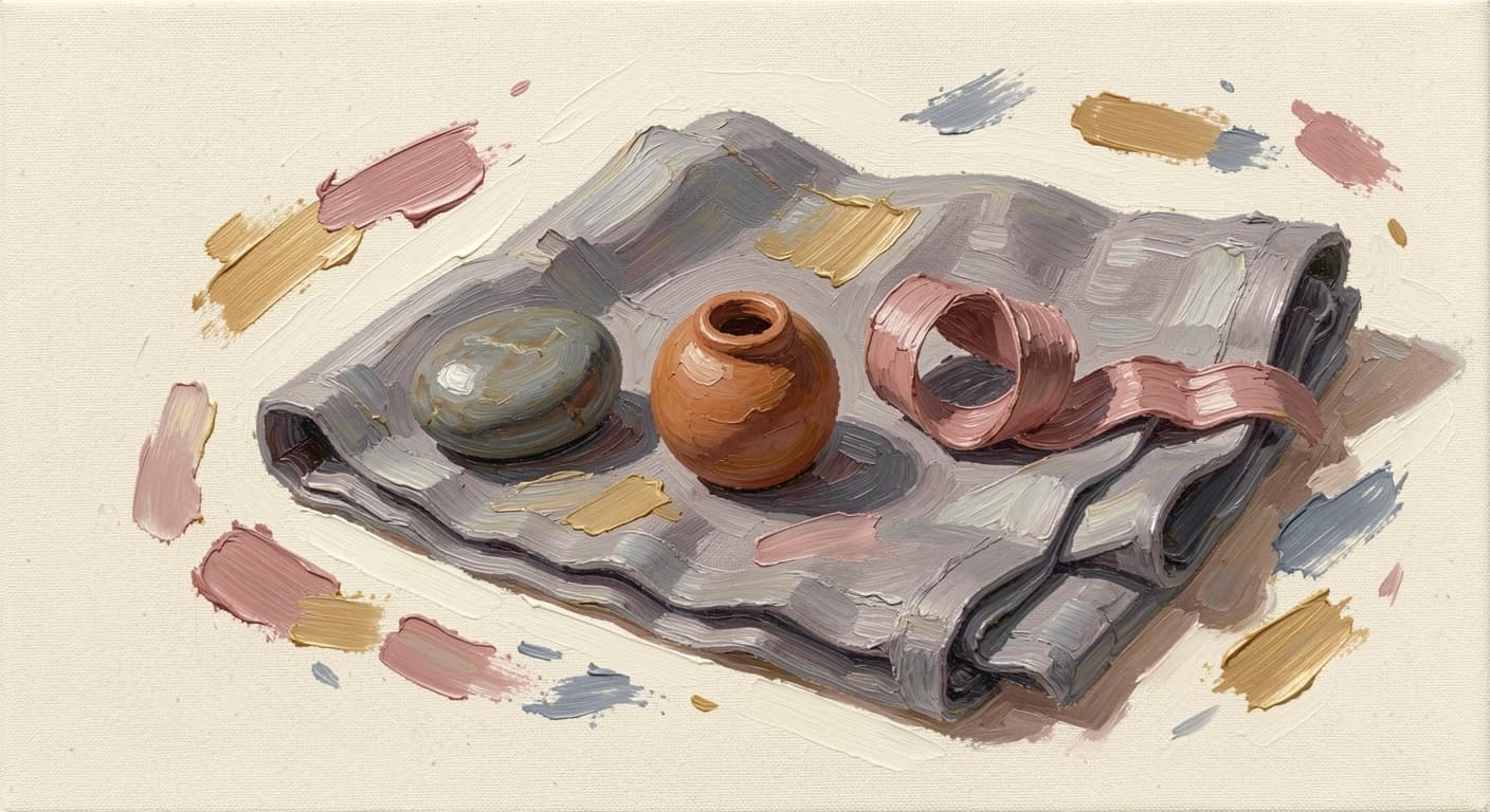 three small objects of different shapes resting in a row on folded linen, soft warm tones, abstract