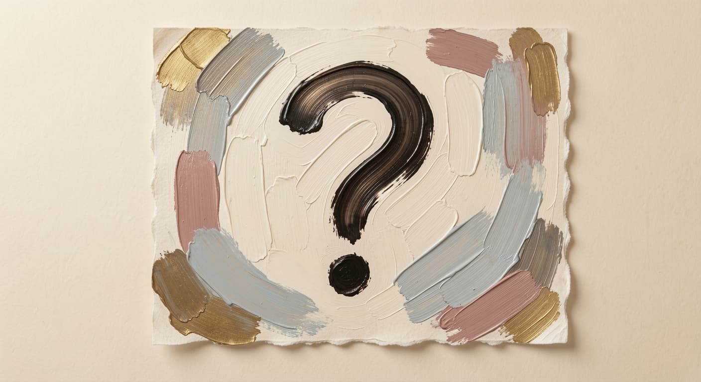 a hand poised over a piece of paper with a single open question written on it, s