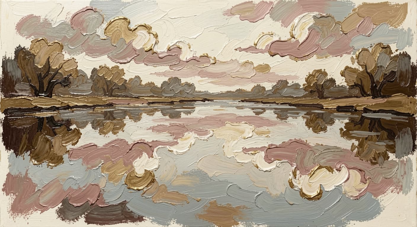 a still pond with clouds reflected on its surface, no wind, no figures, soft mon