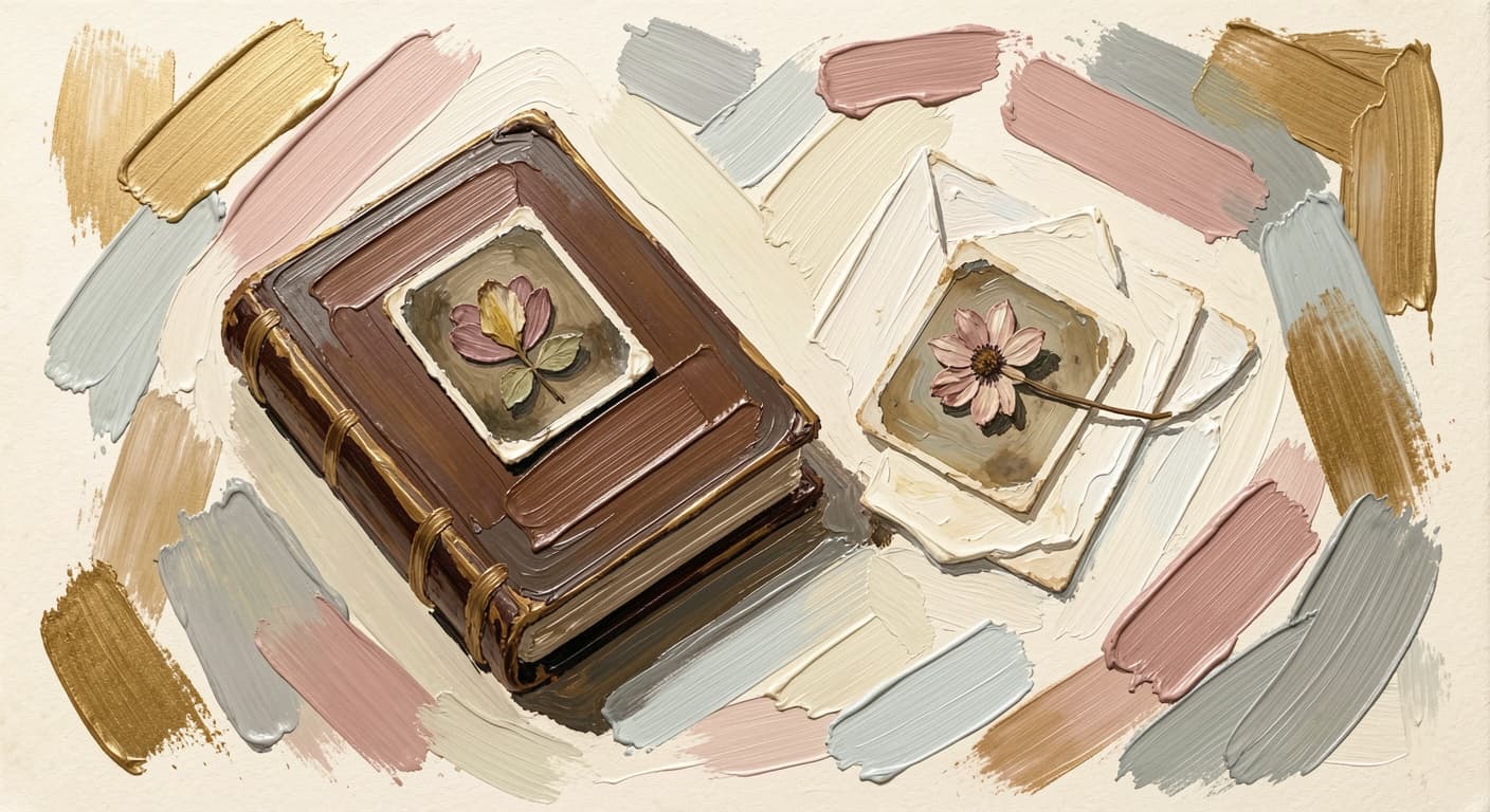 a closed notebook beside a small object that suggests memory (an old photograph 