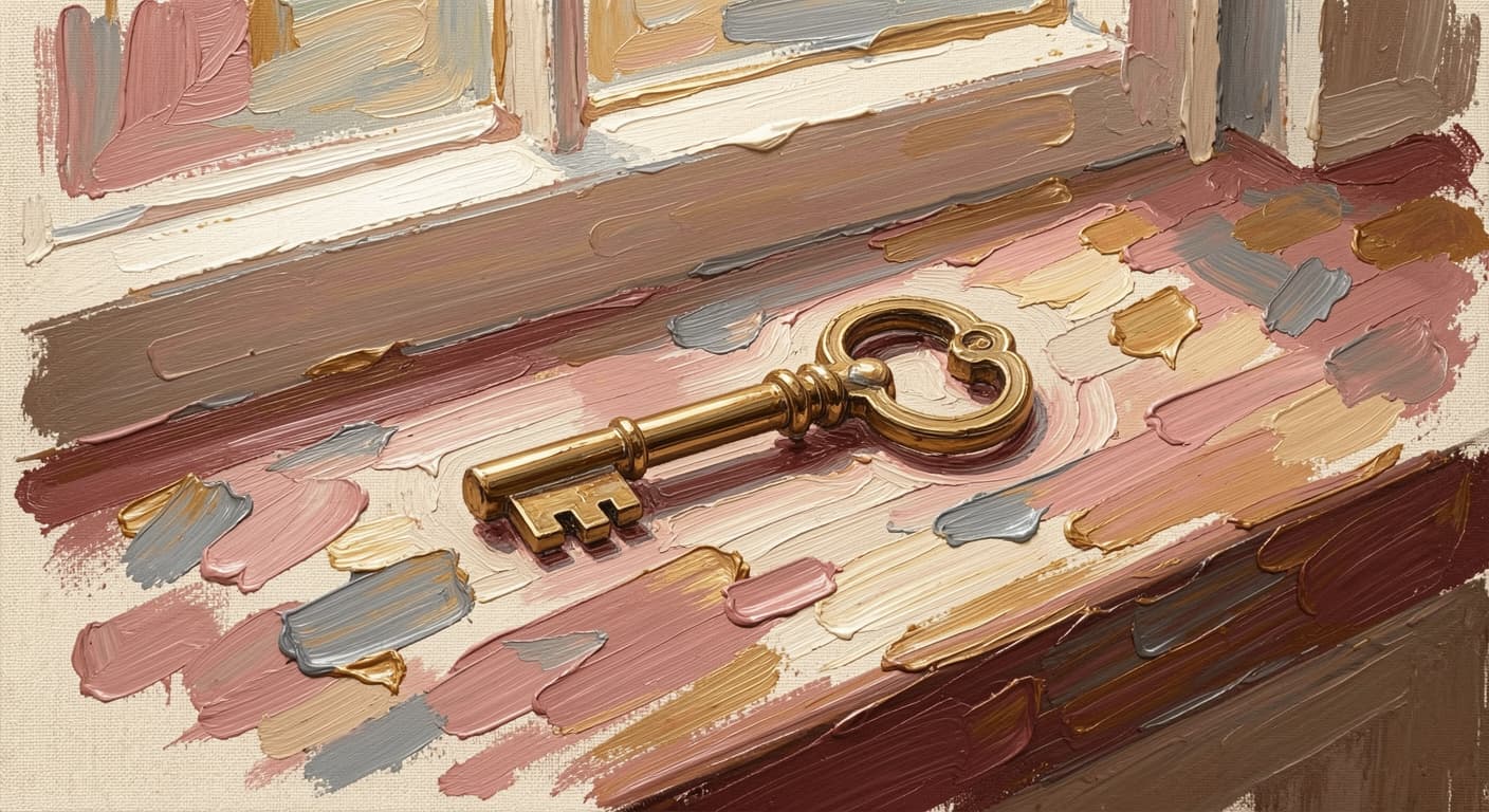 a single old brass key resting on a wooden windowsill, soft warm light, abstract