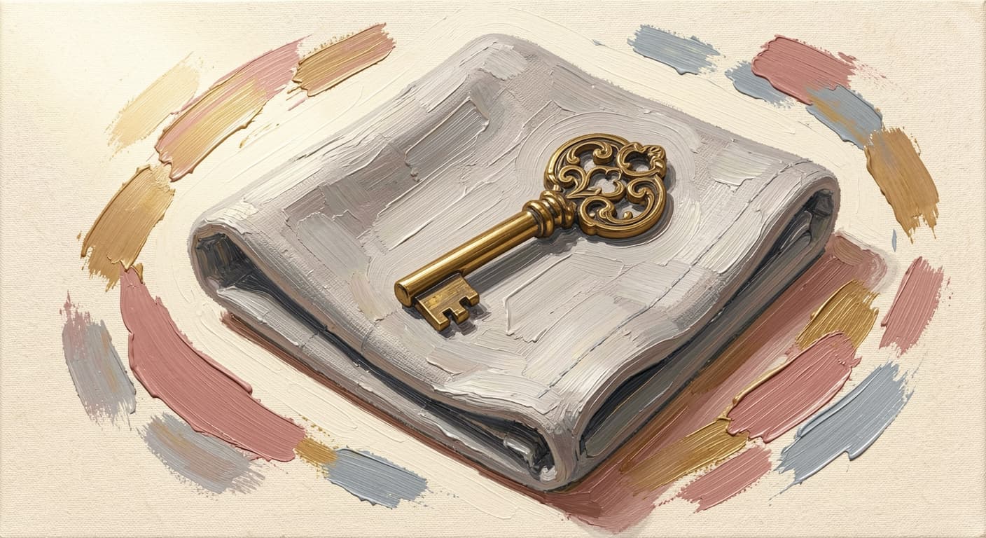 a single small ornate brass key resting on folded linen, soft warm tones, abstract