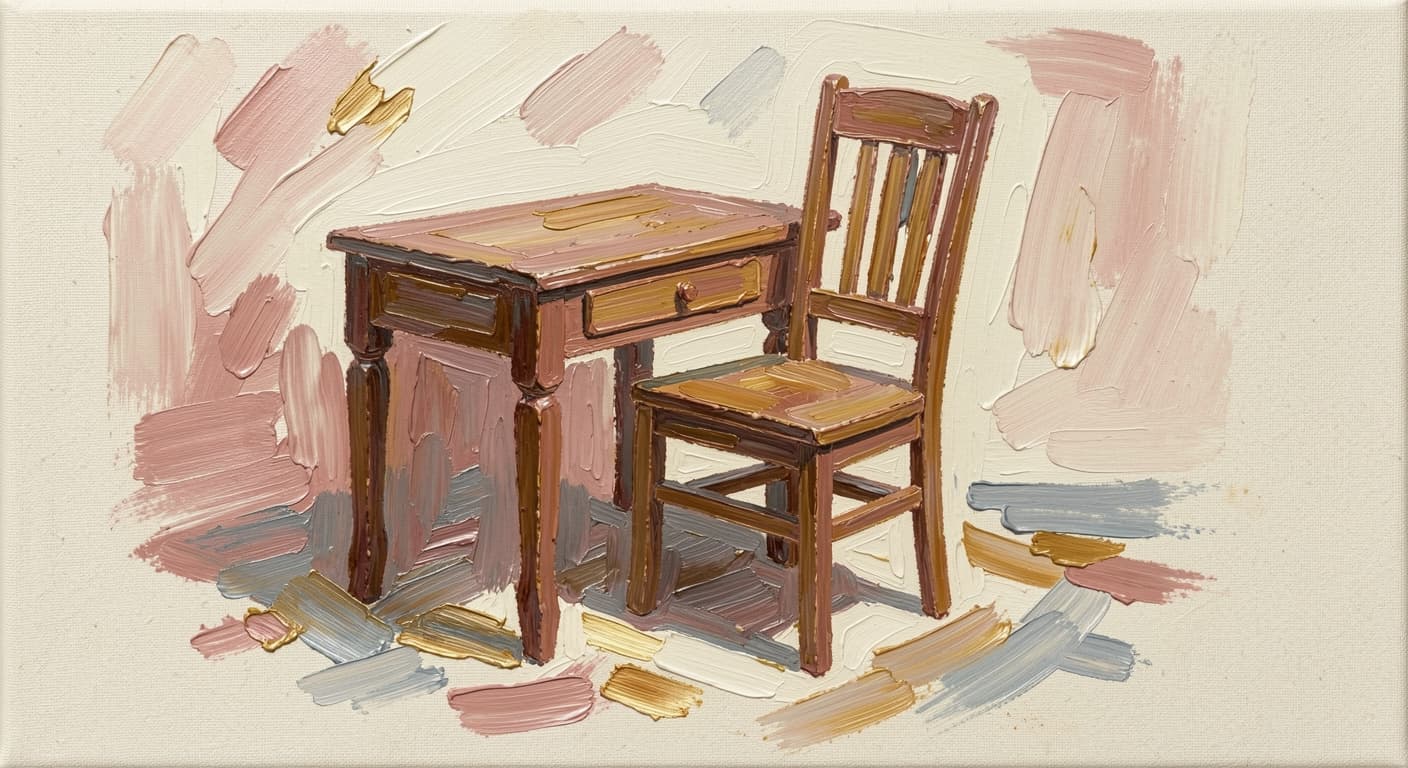 a single wooden chair pushed back from a small desk, empty, recently vacated, soft warm tones, abstract