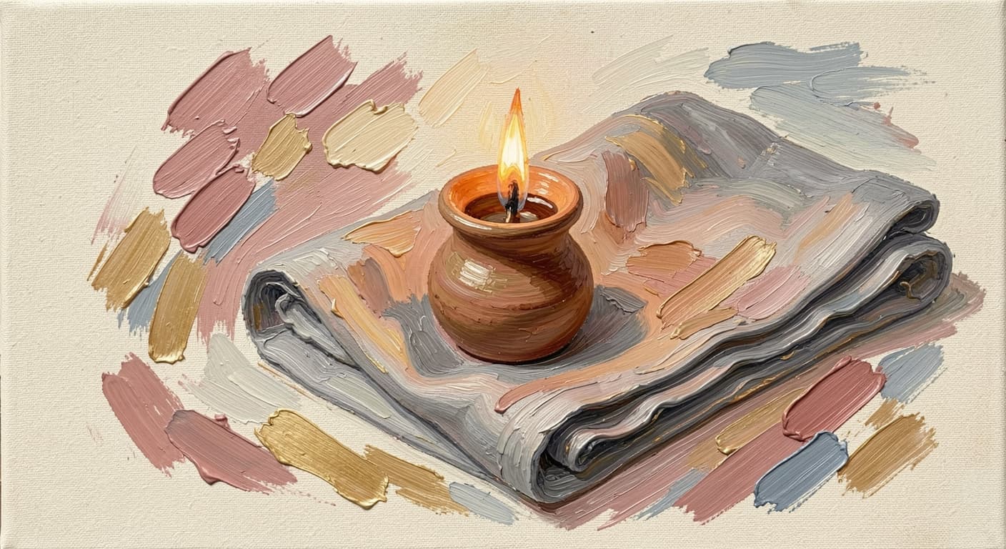uma pequena lâmpada de barro não vitrificada com uma pequena chama acesa, tons quentes suaves, abstrato