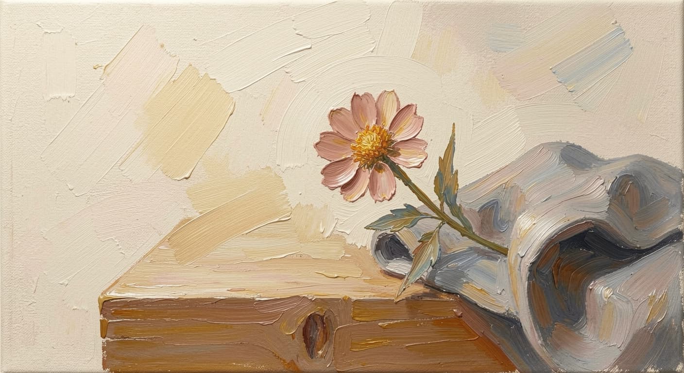 a small wildflower in soft warm bloom resting on a wooden surface beside folded grey cloth, soft warm tones, abstract