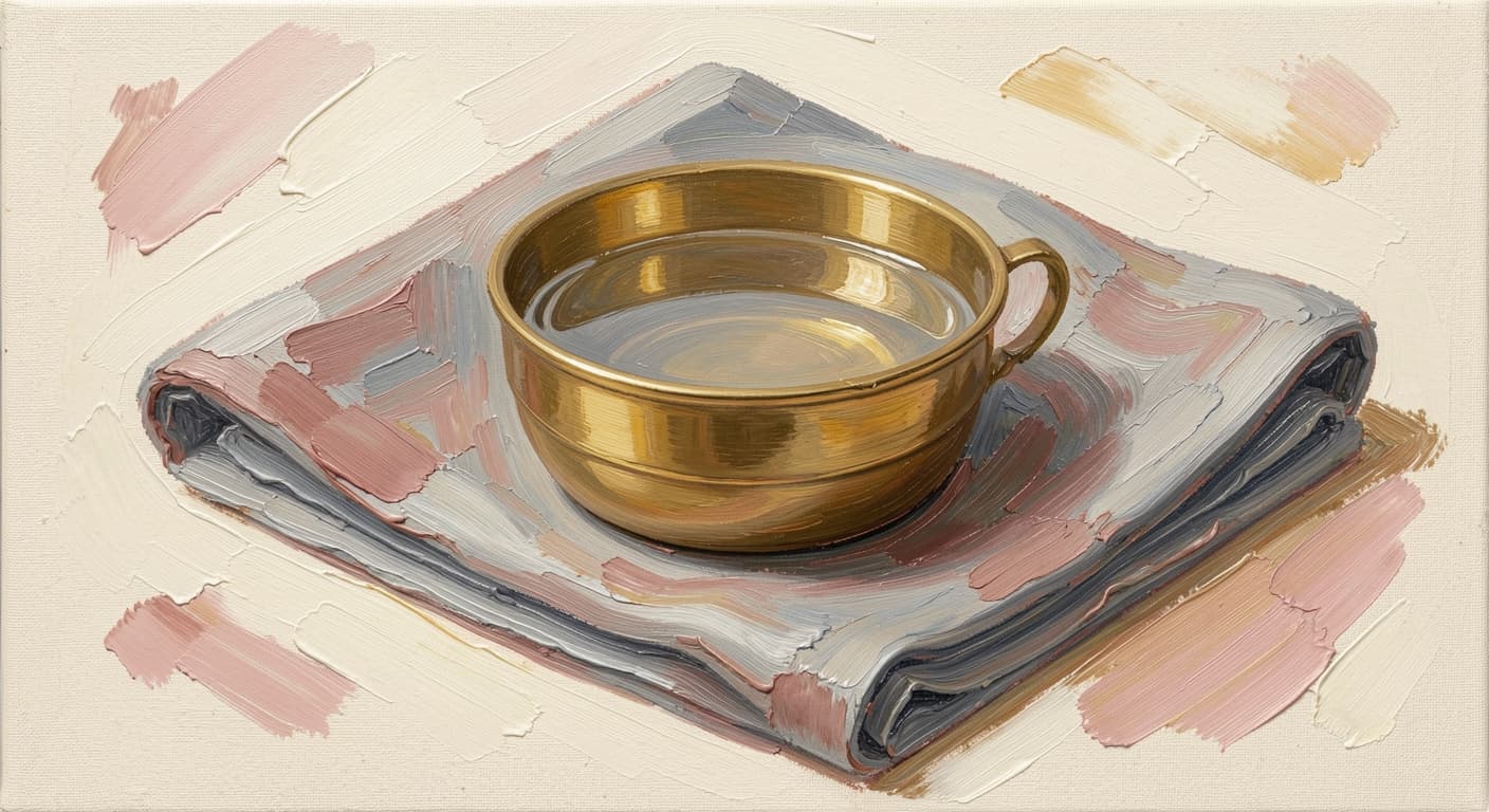 a single brass cup of water resting still on folded linen, the water level even and unmoved, soft warm tones, abstract