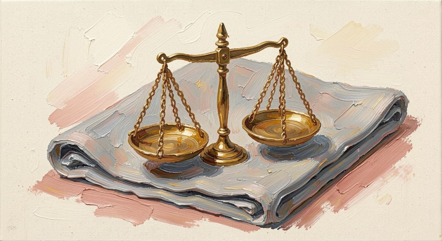 a single small balance scale at rest, the two pans level, on a wooden surface, soft warm tones, abstract