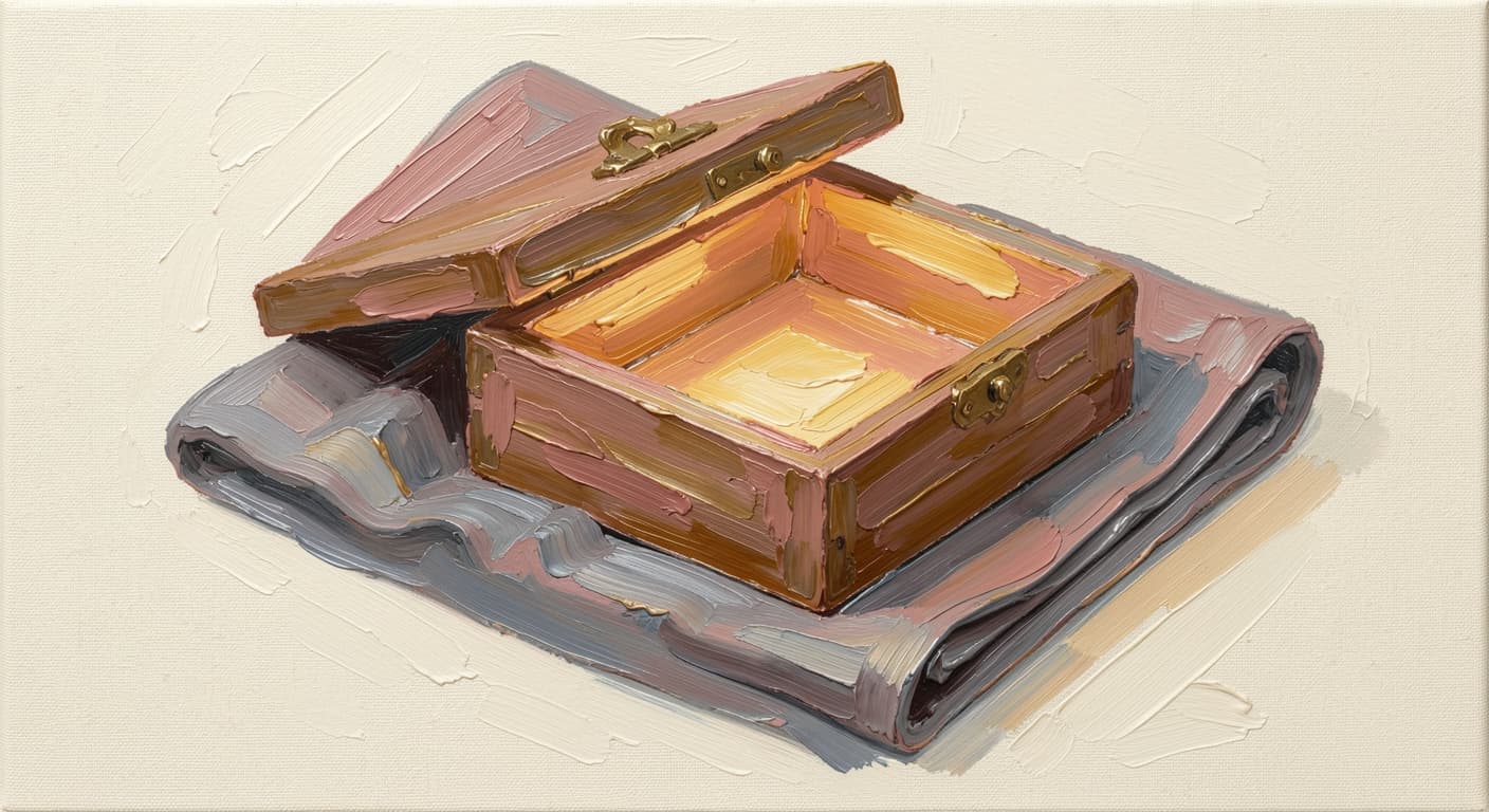 an open wooden box on a folded grey cloth, the lid lifted, the inside in soft warm light, soft warm tones, abstract