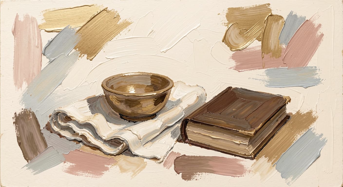 a single quiet object common to all three traditions (a small bowl, a folded clo