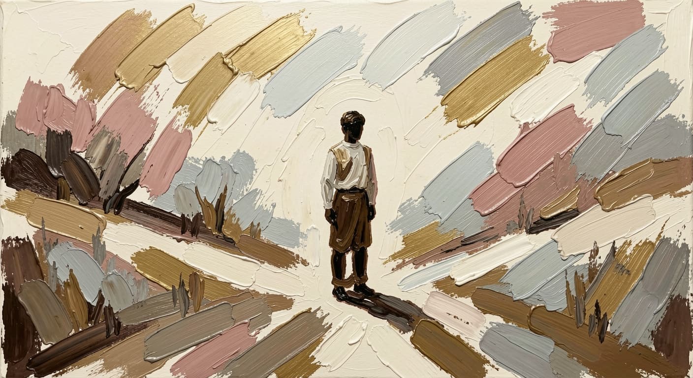 a still figure standing at a small fork in a path, looking at neither option, ju