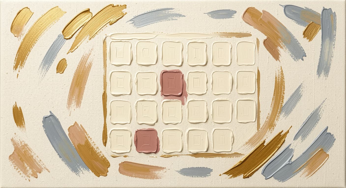 a painted calendar grid of empty squares with one square filled in dusty rose, soft warm tones, abstract