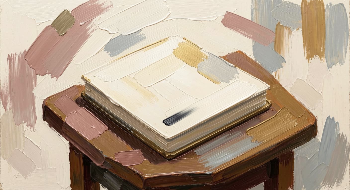 a notebook on a table in early morning light, a single short note visible at the
