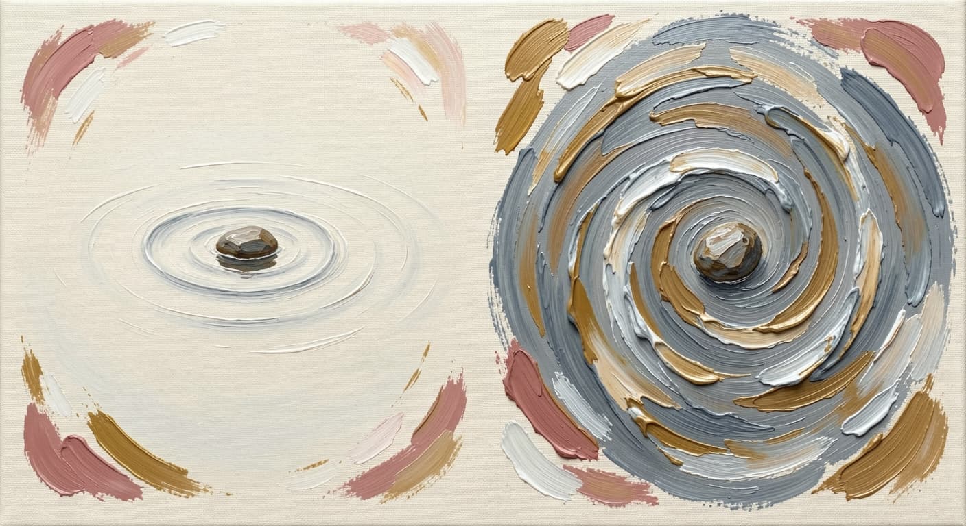 a calm pool with gentle ripples spreading from a stone, contrasted with a tight whirlpool circling the same stone, soft warm tones, abstract