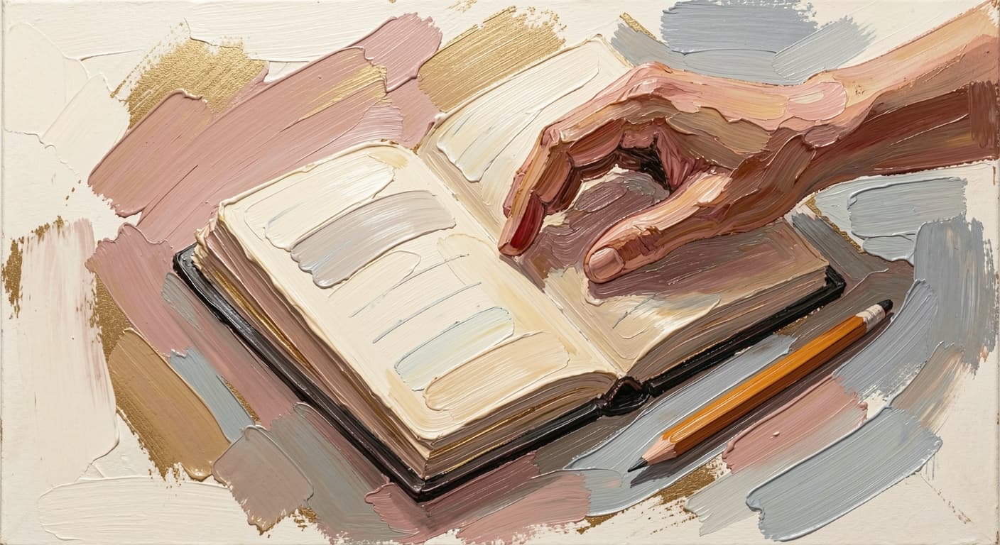 a hand reaching for an open notebook in soft morning light, a pencil resting bes