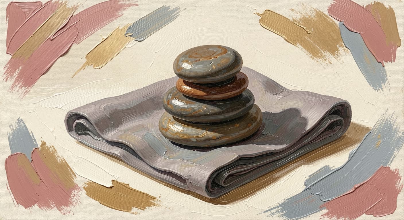 a stack of three smooth river stones balanced on folded linen, soft warm tones, abstract
