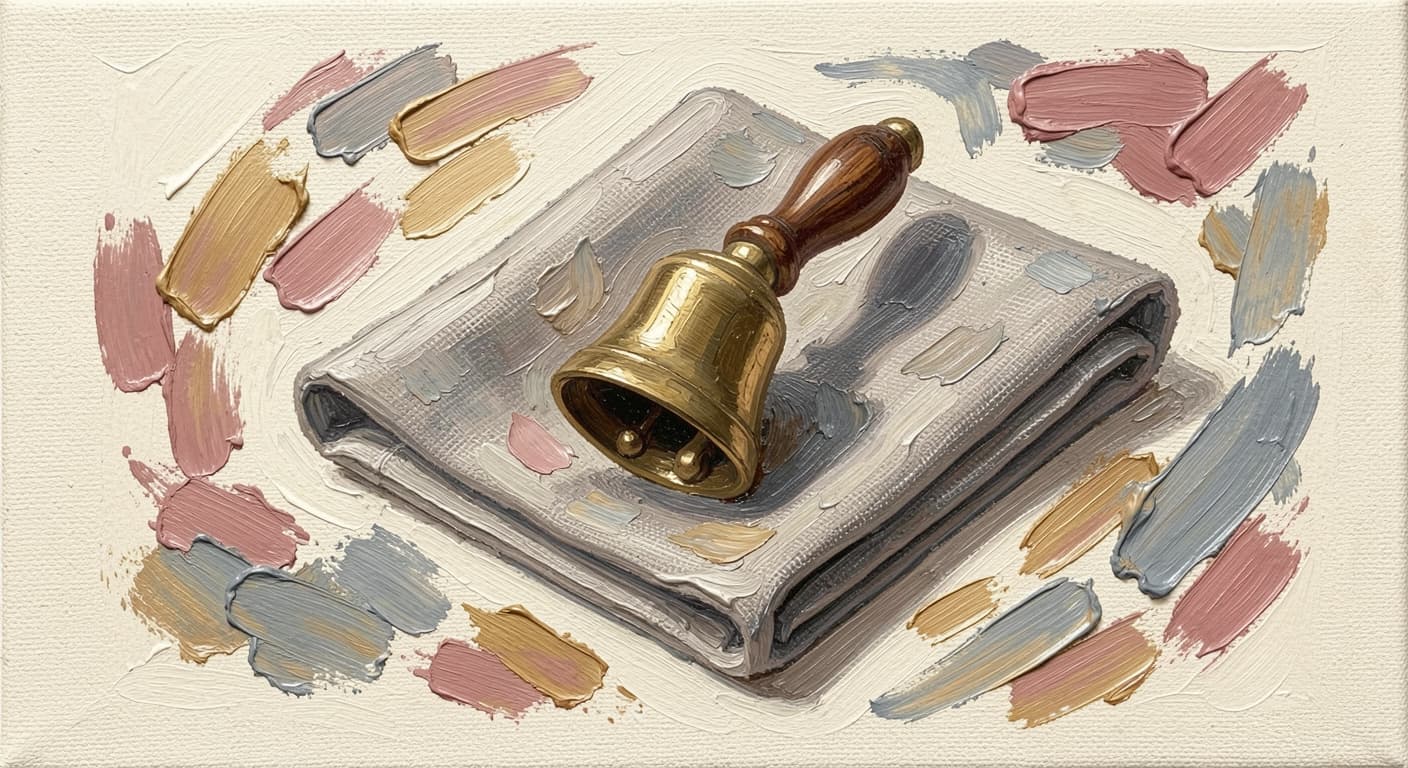 a small brass hand-bell with wooden handle resting on folded linen, soft warm tones, abstract