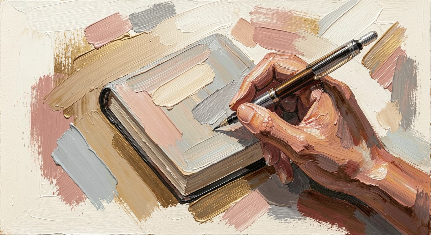 a closed notebook with a hand resting beside it, the writing implement set down,