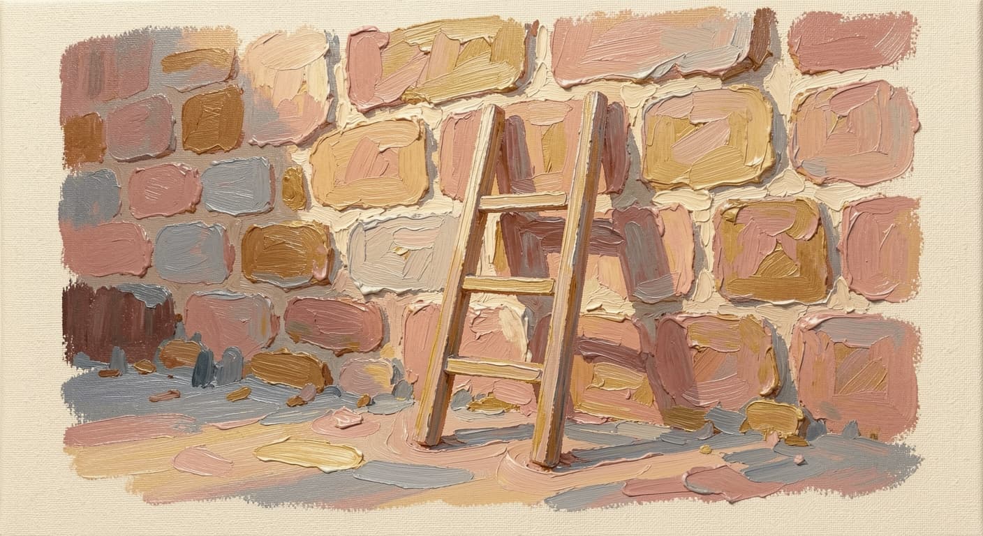a small ladder leaning against a stone wall in soft warm light, ten visible rungs, abstract