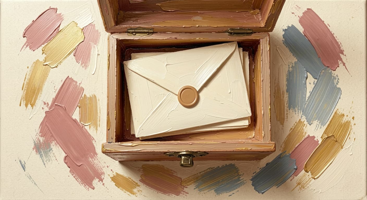 a small open wooden drawer with a stack of sealed cream envelopes filed inside, soft warm tones, abstract