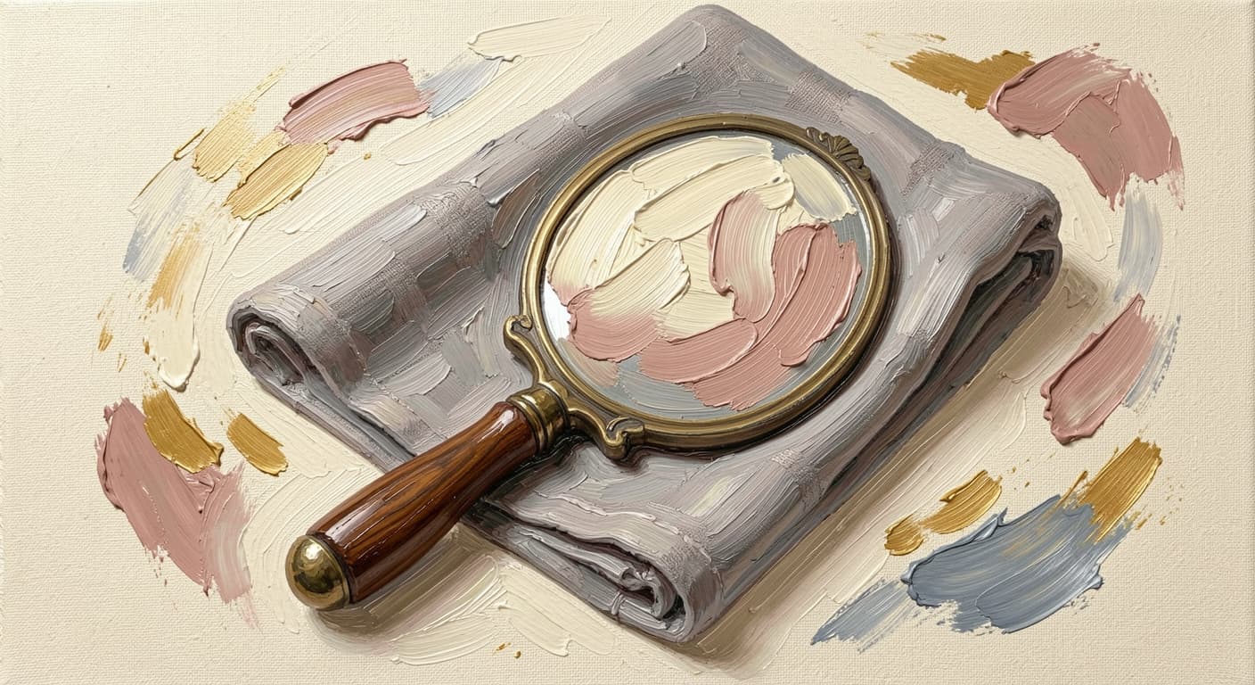 a small antique hand mirror resting on folded linen, the mirror reflecting only soft brushstrokes, abstract