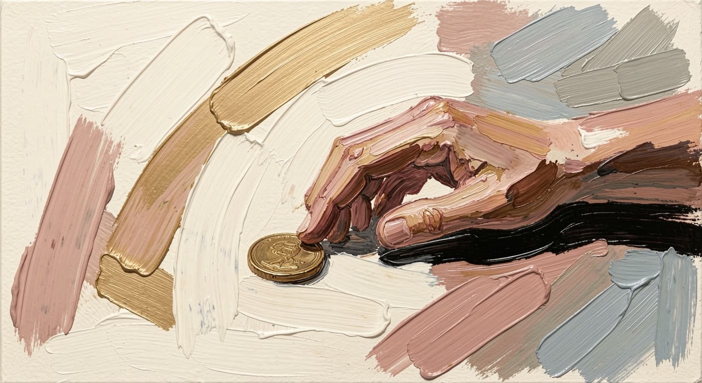 a hand resting on a table with a single coin near it, neither flipped nor in mot