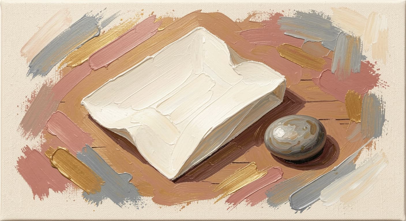 a folded piece of paper resting beside a small river stone on a wooden surface, soft warm tones, abstract