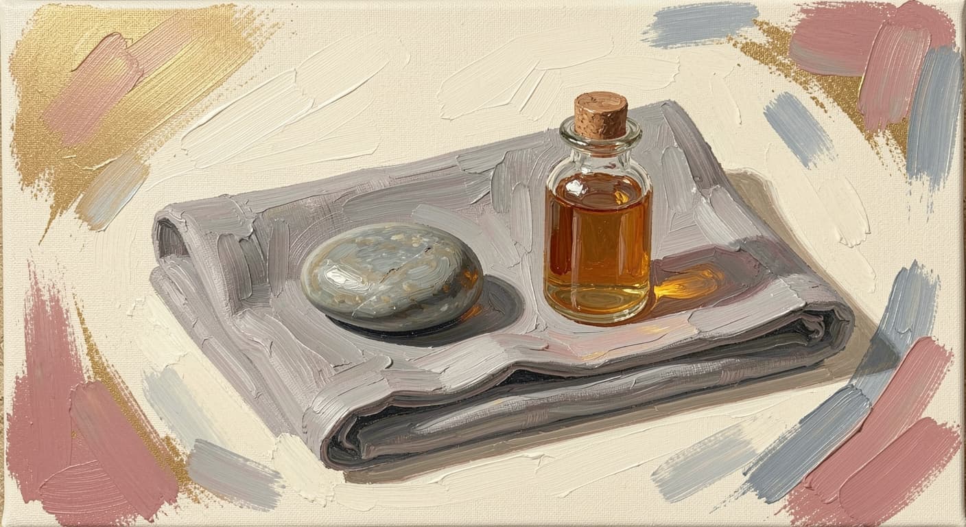 a smooth river stone and a small corked amber bottle resting side by side on folded linen, neither prioritized, soft warm tones, abstract