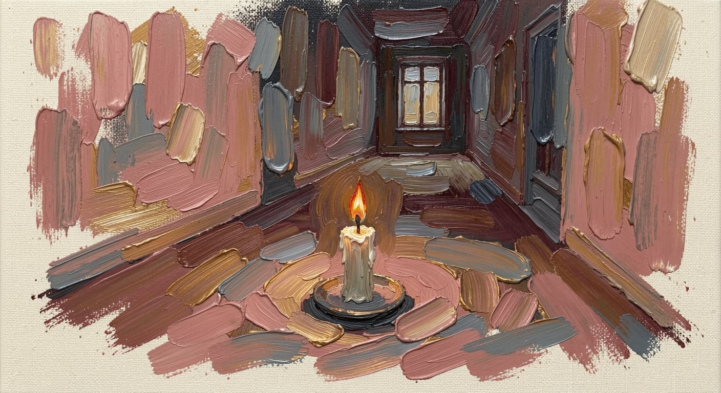 a single small candle burning in a darkened room, one lit window visible in the distance, soft warm tones, abstract