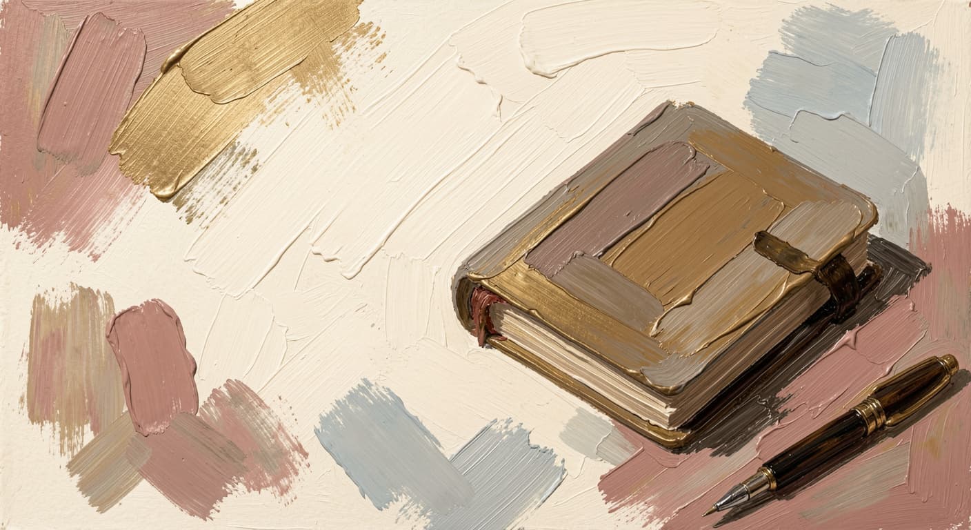 a closed notebook beside a pen at rest, soft warm tones, abstract.