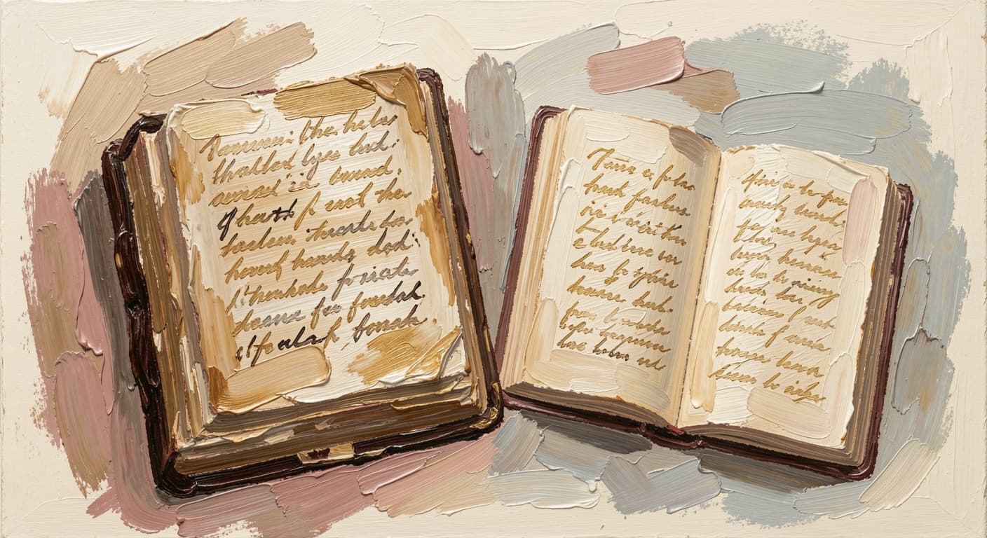 an old book and a new notebook open beside each other, the writing visible only 