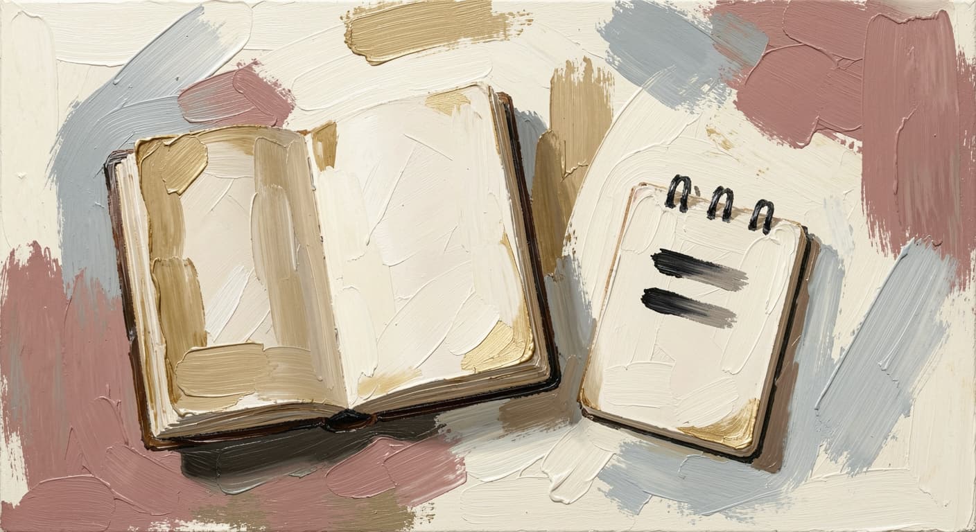 an open notebook beside a smaller notepad with a few short notes written down, t