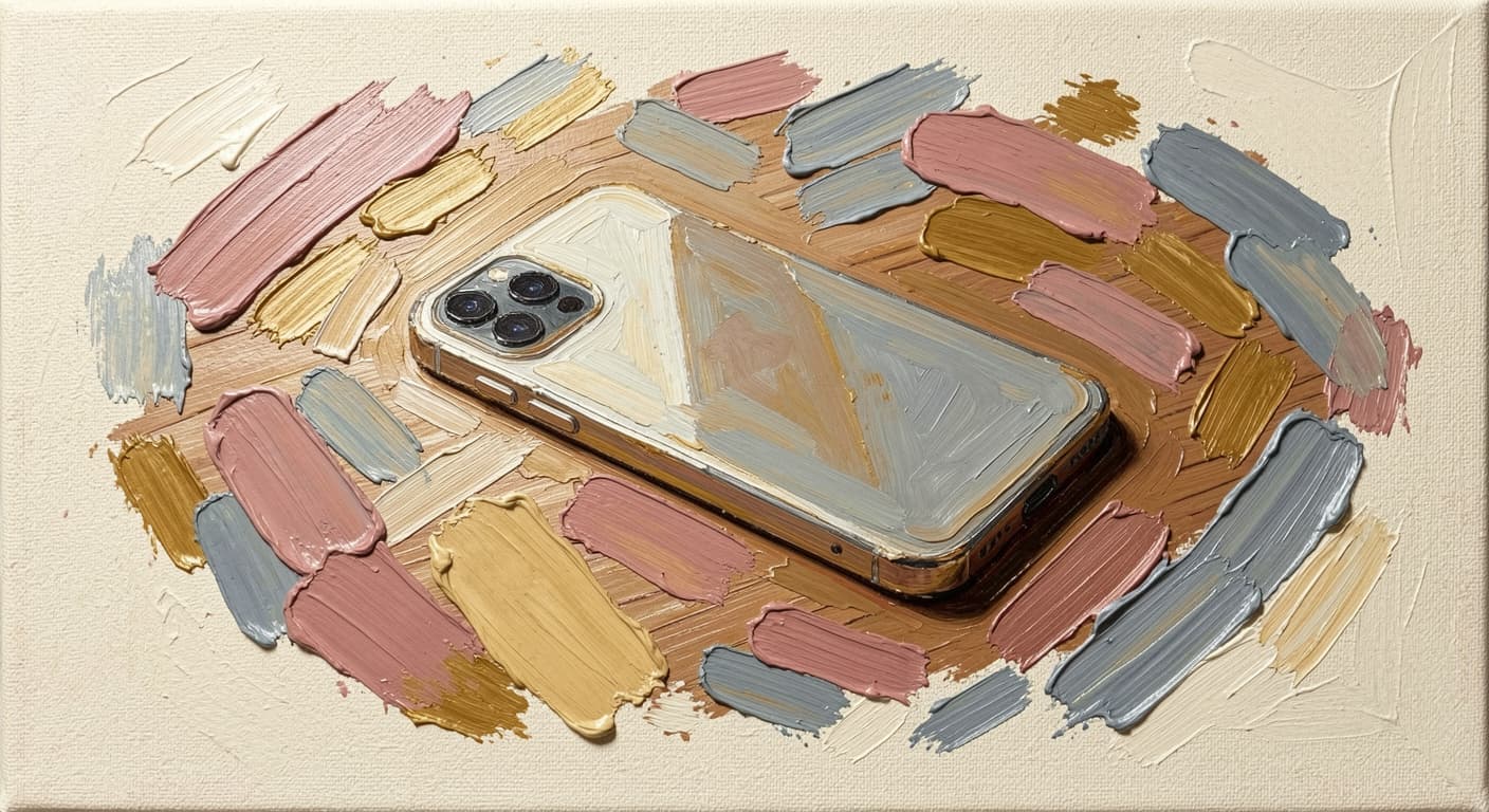 a smartphone resting face-down on a wooden table, abandoned, soft warm tones, abstract