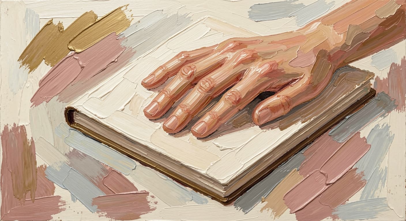 a hand resting on a closed notebook, no pen visible, soft warm tones, abstract. 