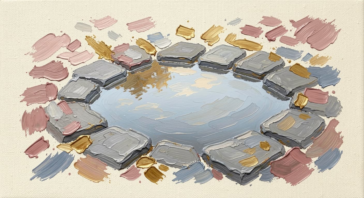 a small still puddle of water on stone reflecting an empty sky, soft warm tones, abstract