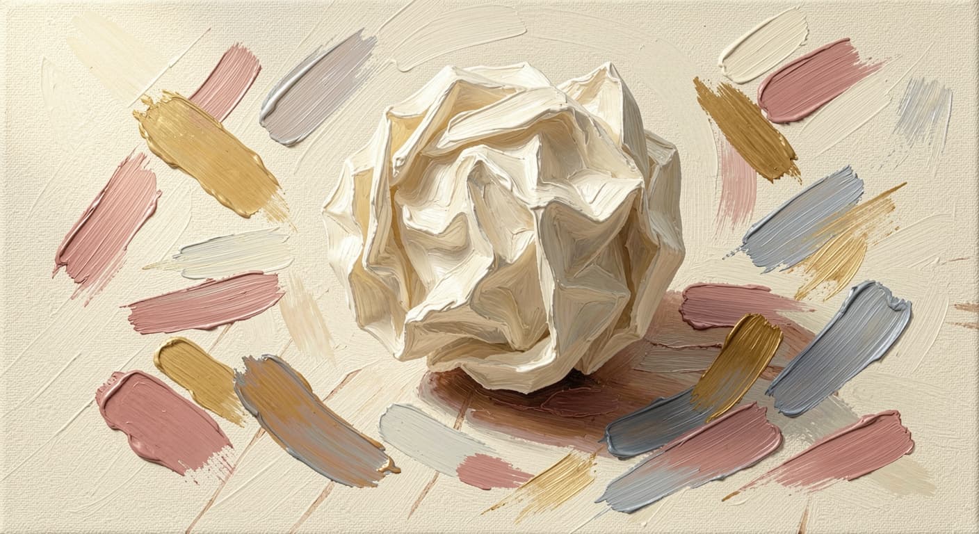 a single piece of cream paper crumpled into a tight ball on a wooden surface, soft warm tones, abstract