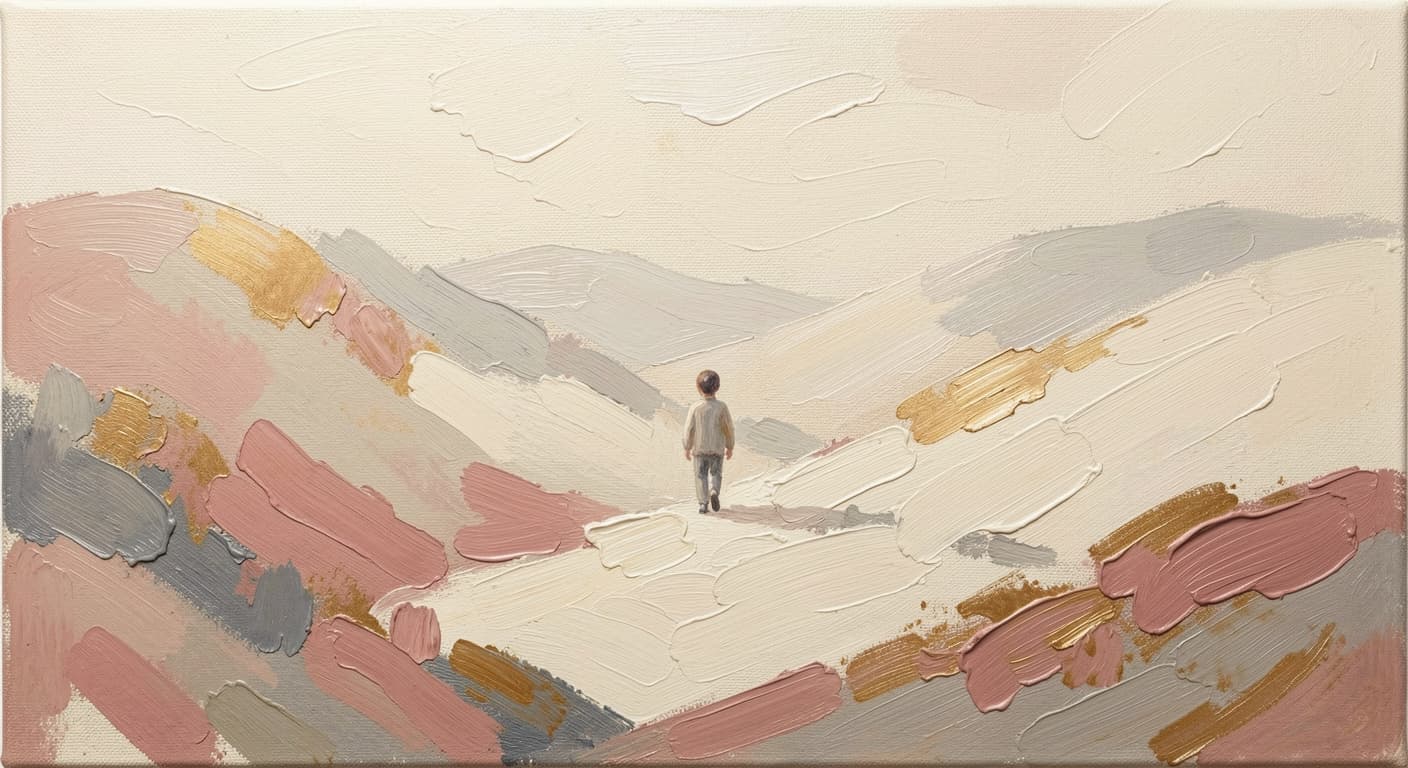 a small distant figure of a younger person walking away into a soft painterly landscape, back view, abstract