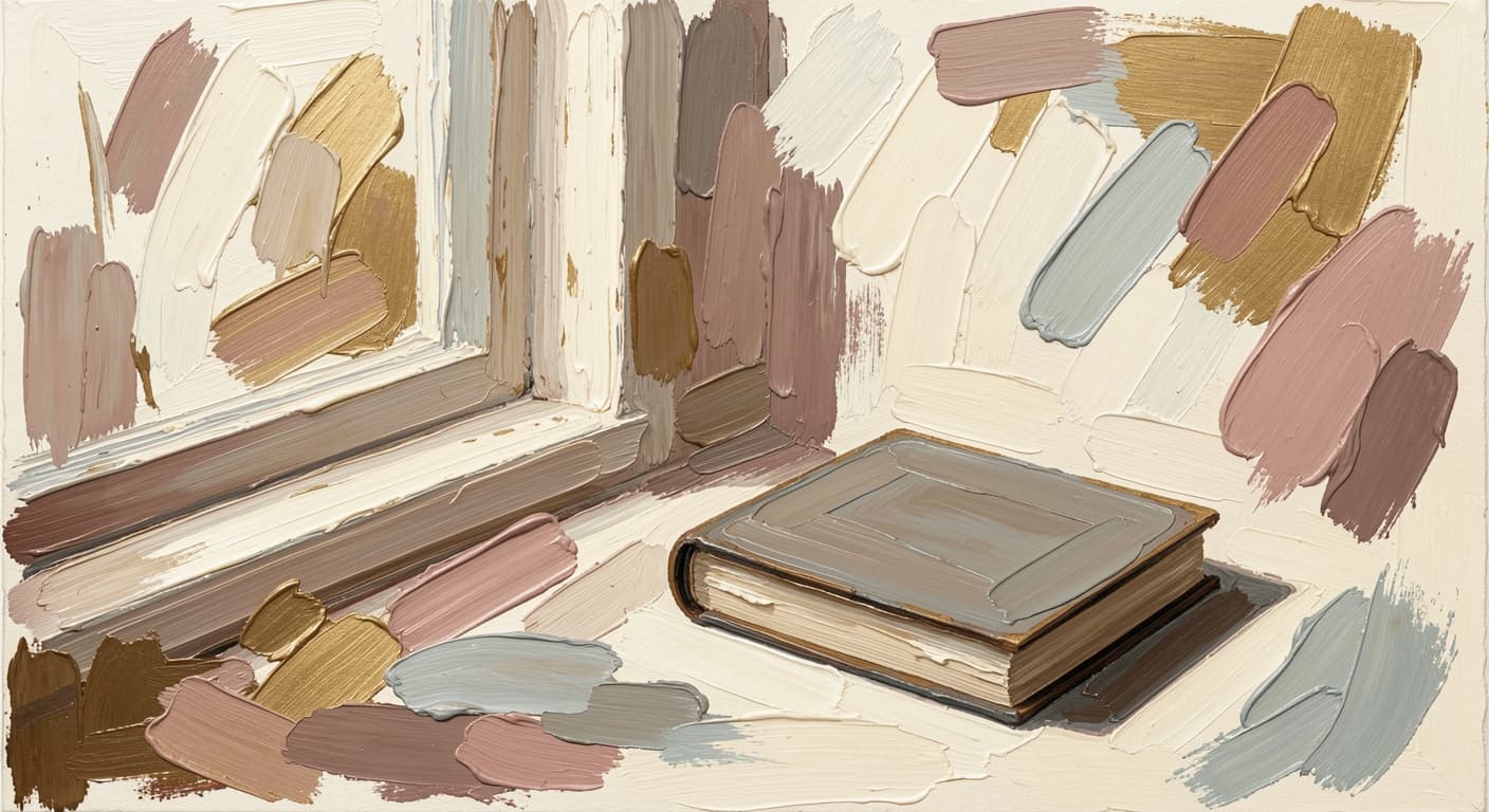 a closed notebook beside a window, neutral lighting (could be morning or evening