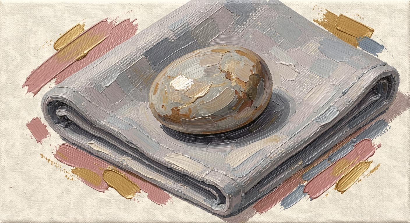 a single small worn river pebble resting on folded linen, close-up, soft warm tones, abstract