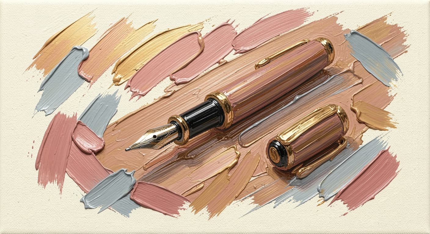 a single uncapped fountain pen resting on a wooden surface, the cap nearby, soft warm tones, abstract
