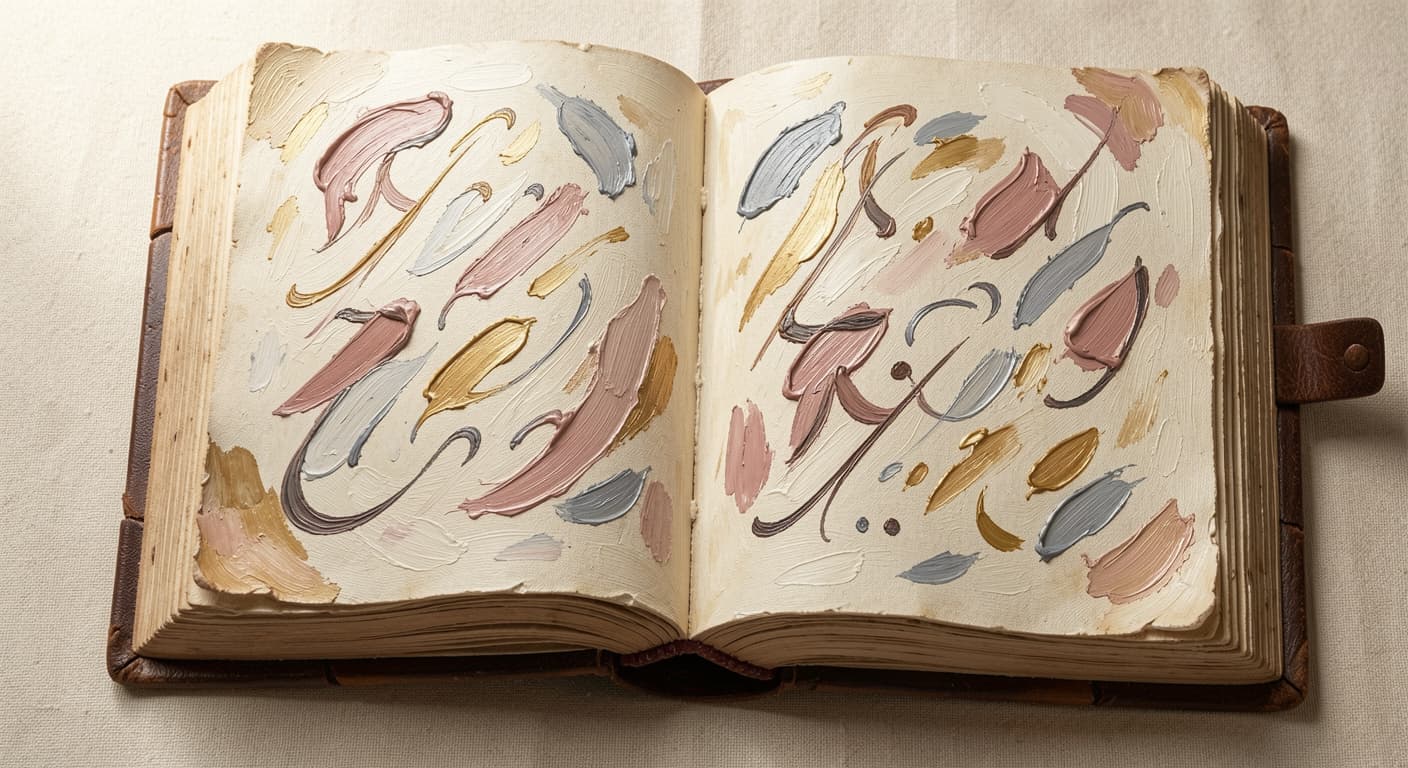 an open page of a medieval-style manuscript with abstract calligraphic marks (no readable letters), soft warm tones, abstract